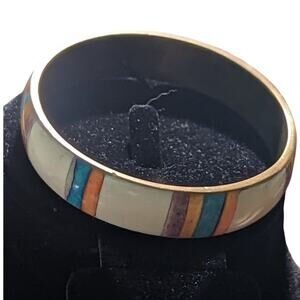 Vintage Multi-Color Inlay Stripe Brass Bangle Bracelet